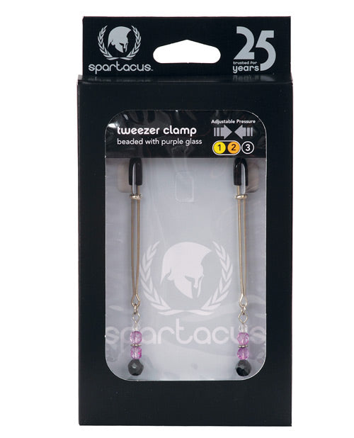 The Soft Hum Spartacus Adjustable Tweezer Nipple Clamps w/Purple Beads