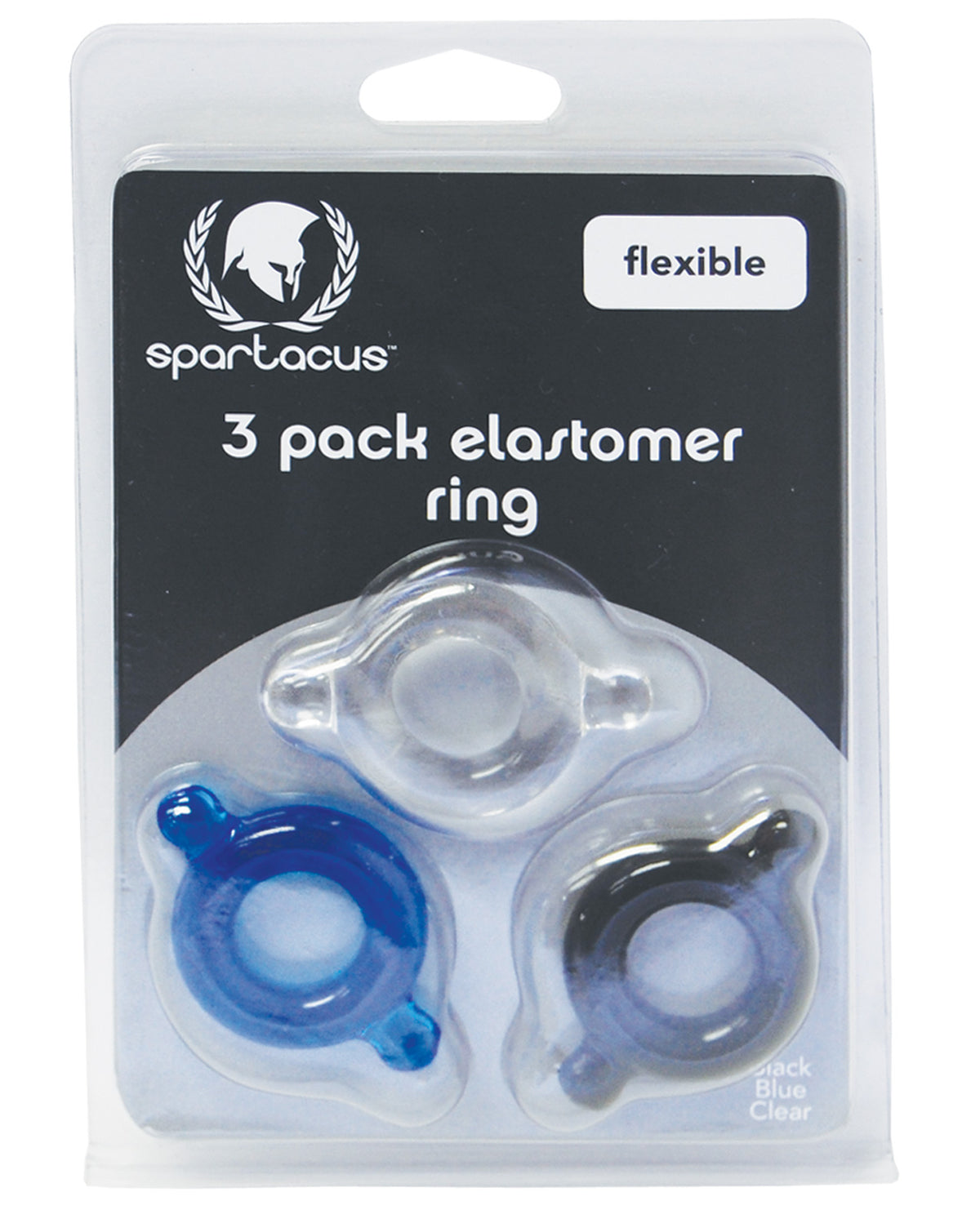 The Soft Hum Spartacus Elastomer Cock Ring Set - Black, Blue & Clear Pack of 3