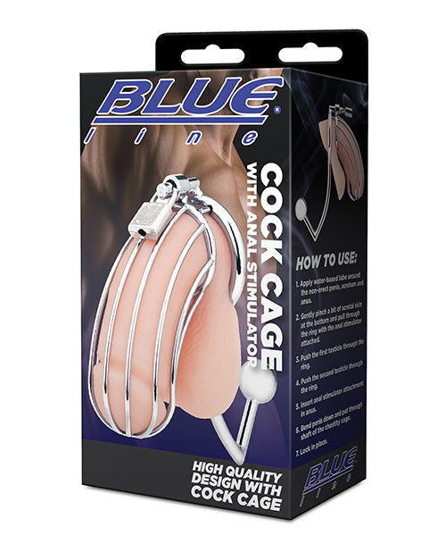 The Soft Hum Blue Line Cock Cage w/Anal Stimulator - Silver