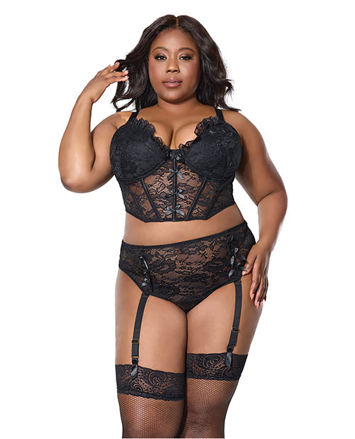 The Soft Hum Lace Bustier w/Padded Cups & Gartered Thong Panty 2 pc Set - Black 3X/4X