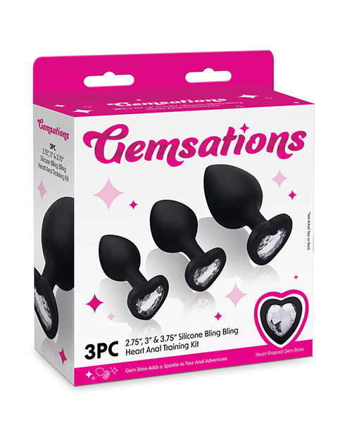 The Soft Hum Gemsations 3 pc 2.75" & 3.15" & 3.7" Silicone Bling Bling Heart Butt Plug Training Set -