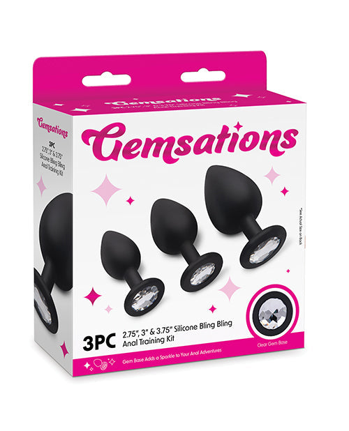 The Soft Hum Gemsations 3 pc 2.75" & 3.15" & 3.7" Silicone Bling Bling Butt Plug Training Set - Black