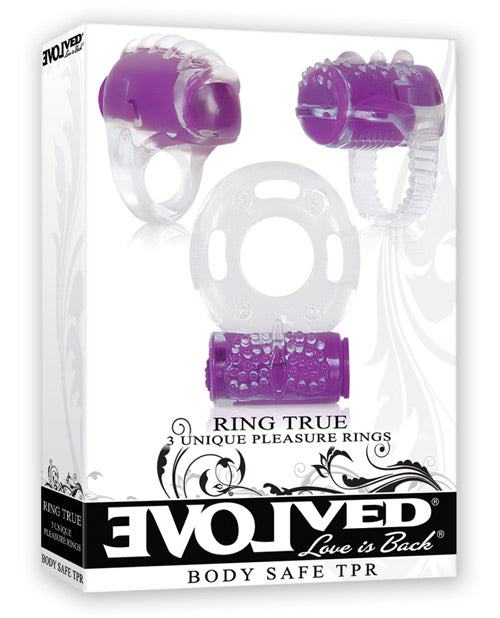 The Soft Hum Evolved Ring True Unique Pleasure Rings Kit - 3 Pack Clear/Purple