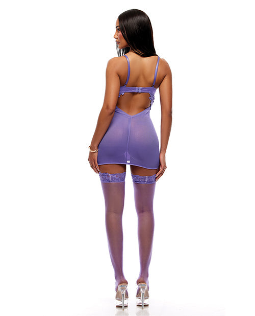 See It Through Guipure Lace Chemise w/Thong & Stockings - Purple MD