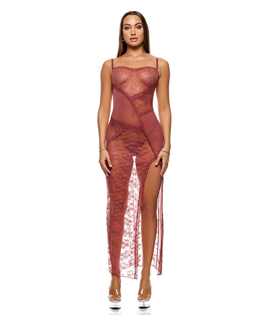 The Soft Hum Patch of Petals Sheer Mesh and Lace Gown w/Thong 2 pc Set - Mauve SM