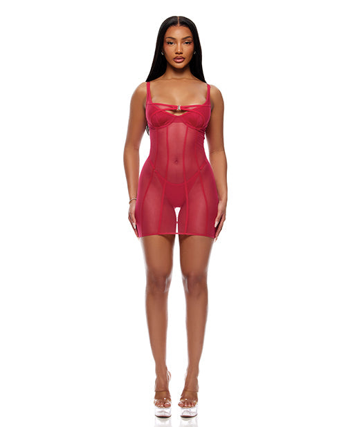 The Soft Hum Layers To This Sheer Mesh and Knit Chemise w/Thong 2 pc Set - Pink MD