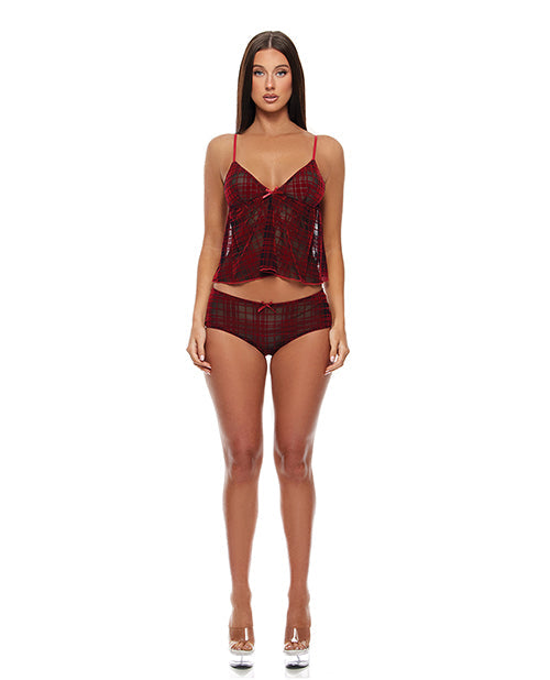 Velvet Lines Mesh Cami & Boy Short 2 pc Set - Red/Black XL
