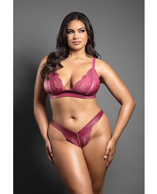 Domina Lace Bralette & Panty in Leatherette w/Zipper Detail - Berry QN