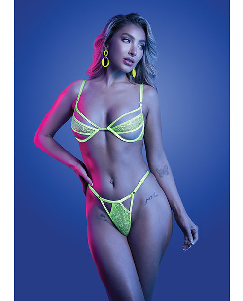 The Soft Hum Mind Control UV Reactive Lace and Mesh Underwire Bra & Thong - Neon Green M/L