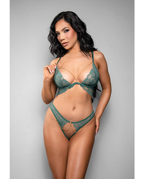 The Soft Hum Temptress Aerin Lace Bra w/Removable Chain & Panty 2 pc Set - Green L/XL