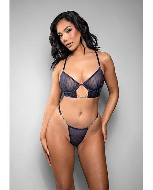 The Soft Hum Temptress Celeste Sheer Striped Rhinestone Mesh Bra w/G-String 2 pc Set - Navy L/XL