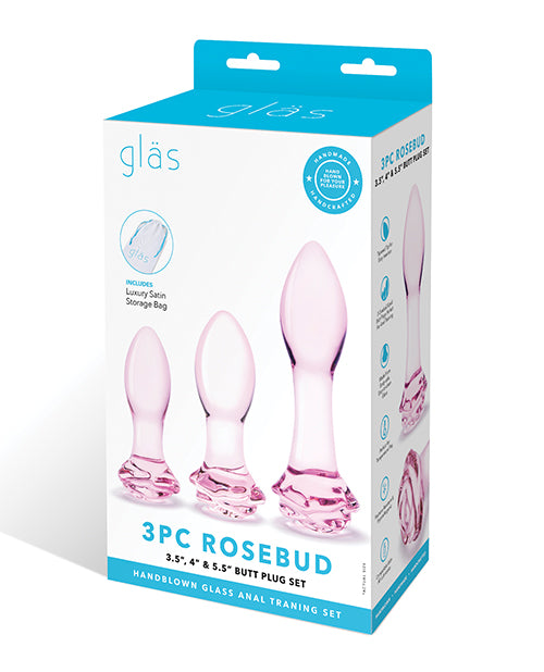 The Soft Hum Glas 3 pc Rosebud Butt Plug Set - Pink