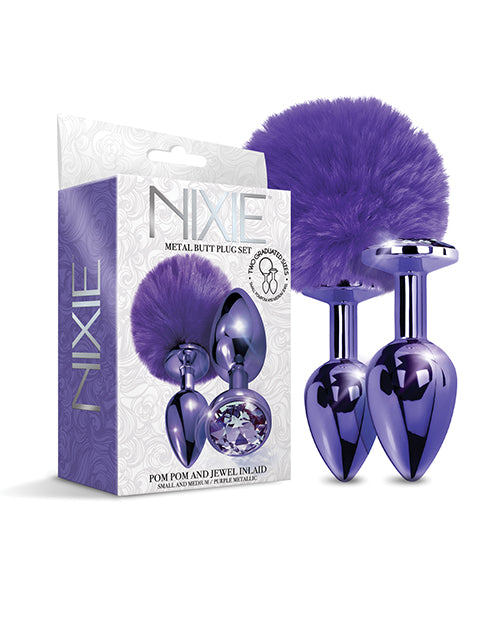 The Soft Hum Nixie Metal Butt Plug Set w/Jewel Inlaid & Pom Pom - Purple Metallic