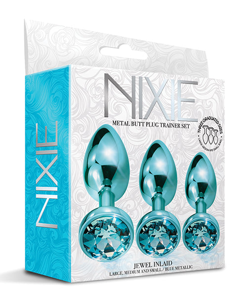 The Soft Hum Nixie Metal Butt Plug Trainer Set w/Inlaid Jewel - Blue Metallic