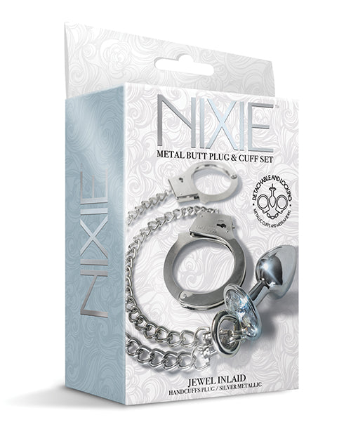 The Soft Hum Nixie Metal Butt Plug w/Inlaid Jewel & Fur Cuff Set - Silver Metallic