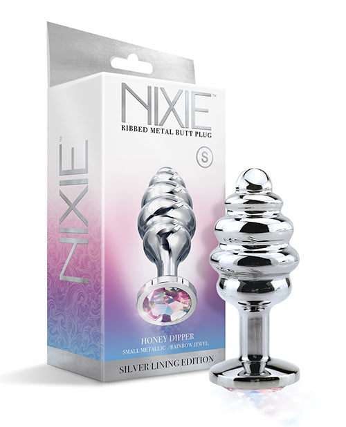 The Soft Hum Nixie Honey Dipper Ribbed Metal Rainbow Jeweled Butt Plug - Small