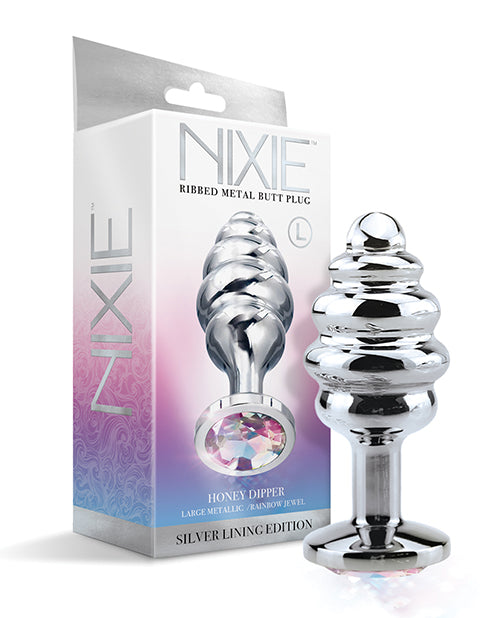 The Soft Hum Nixie Honey Dipper Ribbed Metal Rainbow Jeweled Butt Plug - Large