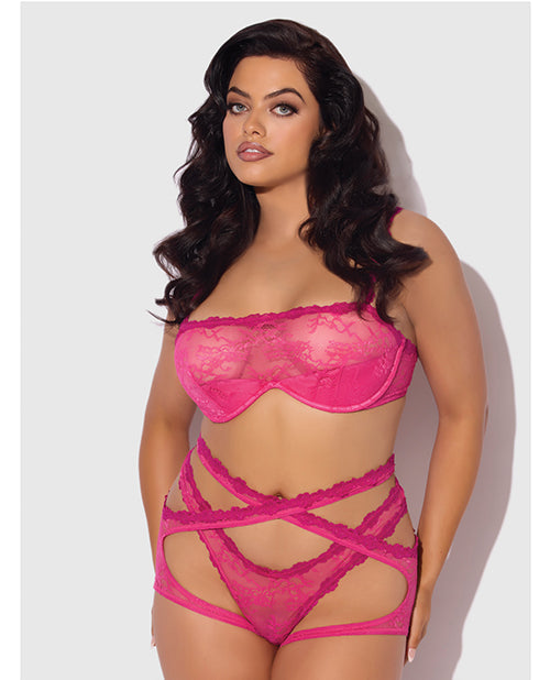 The Soft Hum Yvone Lace Bra w/Removable Straps, Garter & Tanga Panty 3 pc Set - Pink 3X/4X