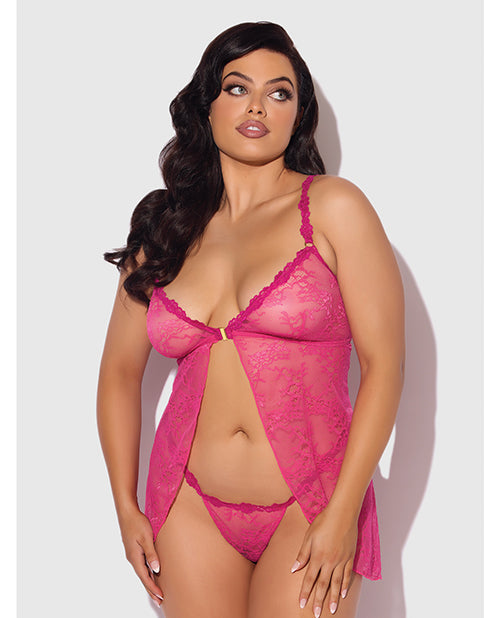 The Soft Hum Yvone Lace Babydoll w/Front Closure & G-String 2 pc Set - Pink 3X/4X