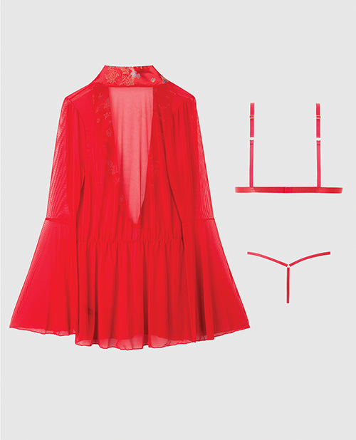 Dragon Sheer Mesh Robe w/Satin Triangle Top & G-String 3 pc Set - Red 1X/2X
