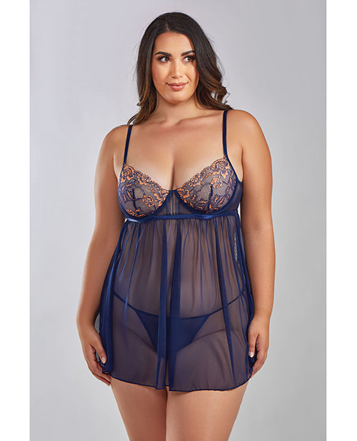 The Soft Hum Jennie Cross Dyed Galloon Lace & Mesh Babydoll Navy 2X