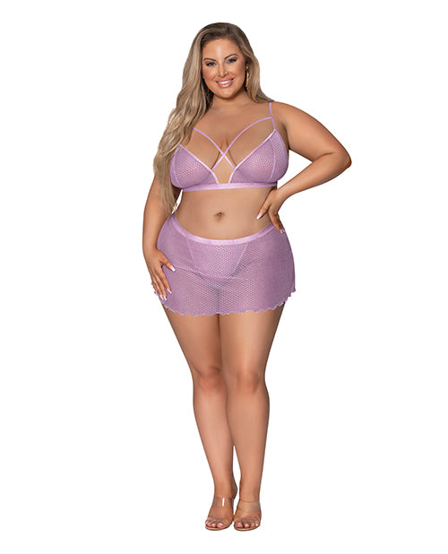 The Soft Hum Girl Next Door Strappy Bralette w/Flirty Thong Skirt Lilac 2XL