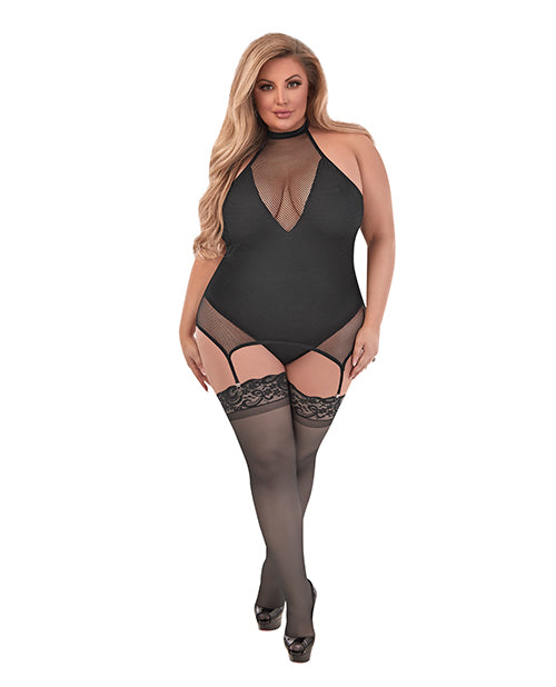 The Soft Hum Sexy Time Fiona Halter Merry Widow Teddy w/Split Crotch Black QN