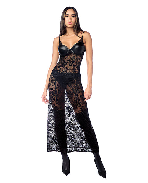 The Soft Hum Lace Underwire Long Gown w/Panty & Garter Belt 2 pc Set (Stockings not Included) - Black L/XL