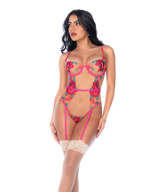 The Soft Hum Seductive Garden Floral Mesh Teddy w/Attached Garters - Multi-Color L/XL