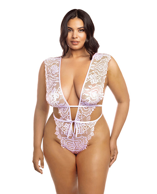 The Soft Hum Imani Eyelash Lace Soft Cup High Leg Teddy Pink Tulle 1X/2X