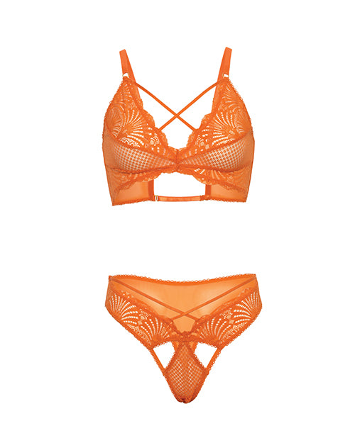 The Soft Hum Amina Scallop Lace & Mesh Bralette w/Panty 2 pc Set - Dragon Fire Orange L/XL
