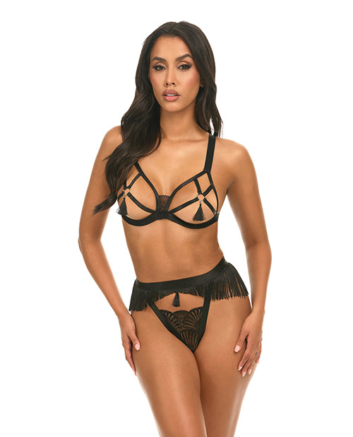 The Soft Hum Annika Open Cup 2 pc Set w/Fringe and Tassel Detail - Black S/M
