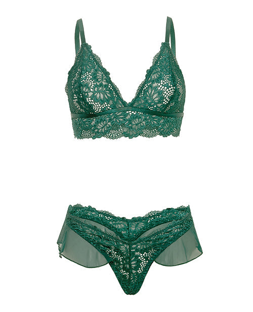 The Soft Hum Alessia Soft Cup Lace & Mesh 2 pc Set w/Ruffle Details - Green SM