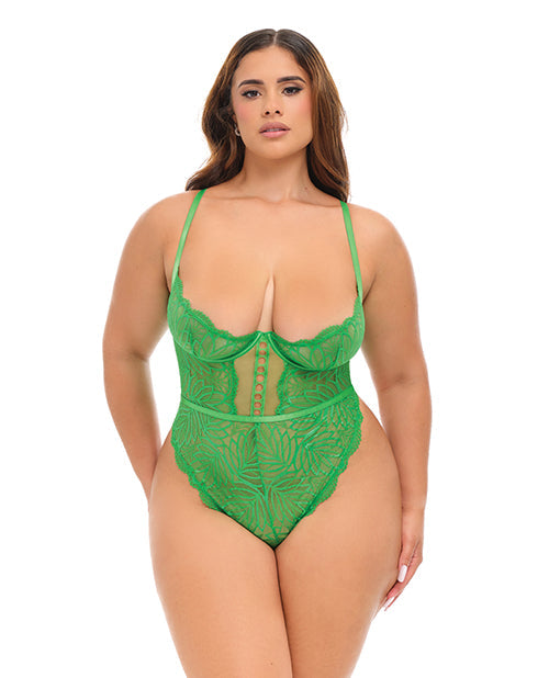 The Soft Hum Raine Underwire Shelf Cup Lace Teddy w/Decorative Trim Insert - Green 1X/2X