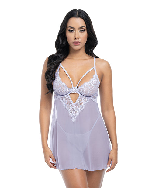The Soft Hum Elsie Lace & Mesh Underwire Babydoll w/G-String 2 pc Set - Brunnera Blue L/XL