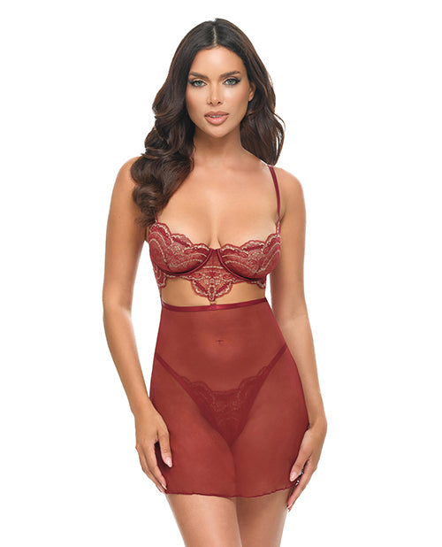 The Soft Hum Arielle Unlined Underwire Lace Babydoll w/G-String - Burgundy S/M