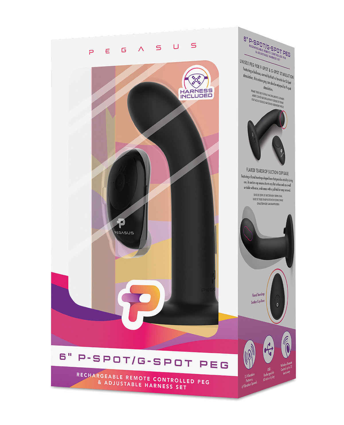 The Soft Hum Pegasus 6" Rechargeable P-Spot G-Spot Peg w/Adjustable Harness & Remote Set - Black