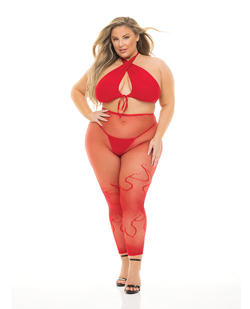 The Soft Hum Pink Lipstick Gives You Hell Halter Bra, Pantyhose & G-String Red QN
