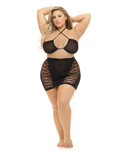The Soft Hum Pink Lipstick Hold On Tight Halter Bra & Skirt Black QN