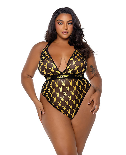 The Soft Hum Playboy Bunny Gold Foil Halter Teddy - Black/Gold 1X