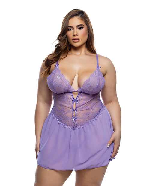 The Soft Hum Paradise Dream Lace and Mesh Babydoll w/Thong - Lilac 1X/2X