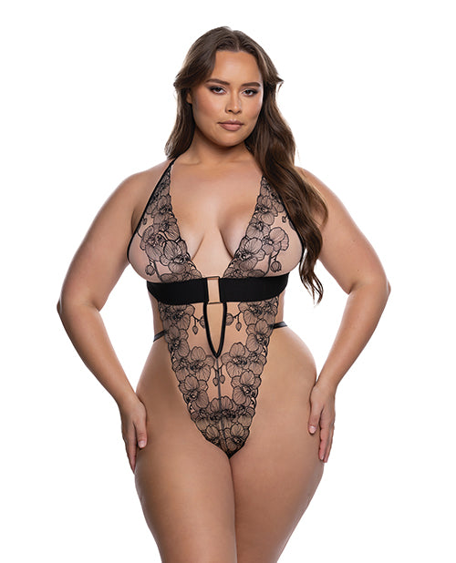 The Soft Hum Orchid Blossom Embroidered Teddy - Black/Nude 1X