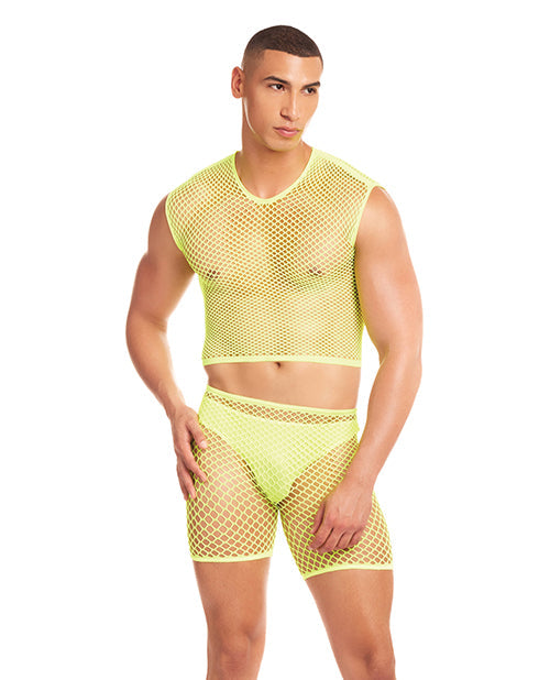 The Soft Hum Rainbow Party Net-Bula Large Mesh Long Brief 3 pc Set w/Thong - Yellow L/XL