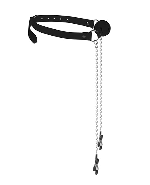 The Soft Hum Shots Ouch Black & White Breathable Ball Gag w/Nipple Clamps - Black