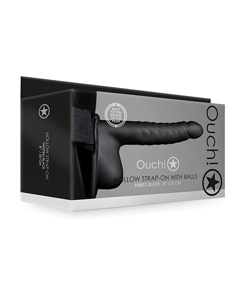 The Soft Hum Shots Ouch 8" Ribbed Hollow Strap On w/Balls - Black