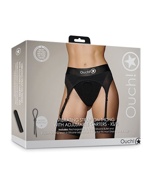 The Soft Hum Shots Ouch Vibrating Strap On Thong w/Adjustable Garters - Black XS/S
