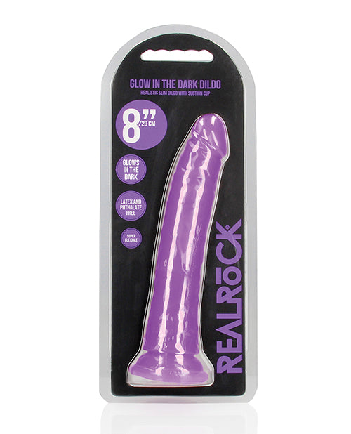 The Soft Hum Shots RealRock 8" Slim Dildo Glow in the Dark - Neon Purple