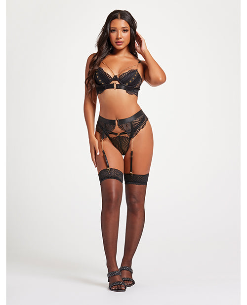 The Soft Hum Scalloped Lace Bra w/Gold Chain, Garter Belt & Thong Black LG