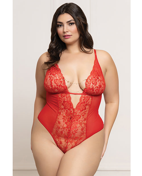 The Soft Hum Lace and Mesh Open Crotch Teddy w/Rhinestone Detail - Red QN