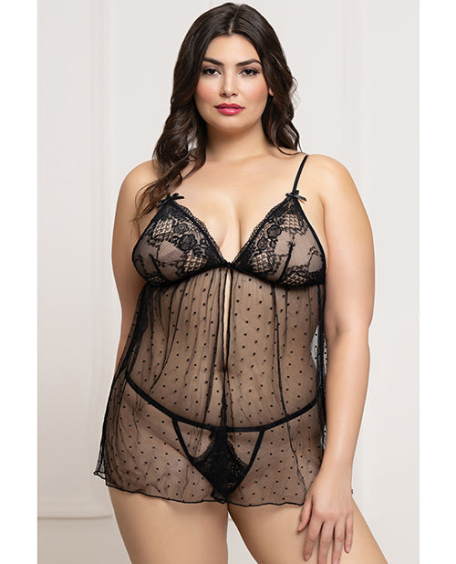 The Soft Hum Lace and Dot Mesh Babydoll w/G-String - Black QN